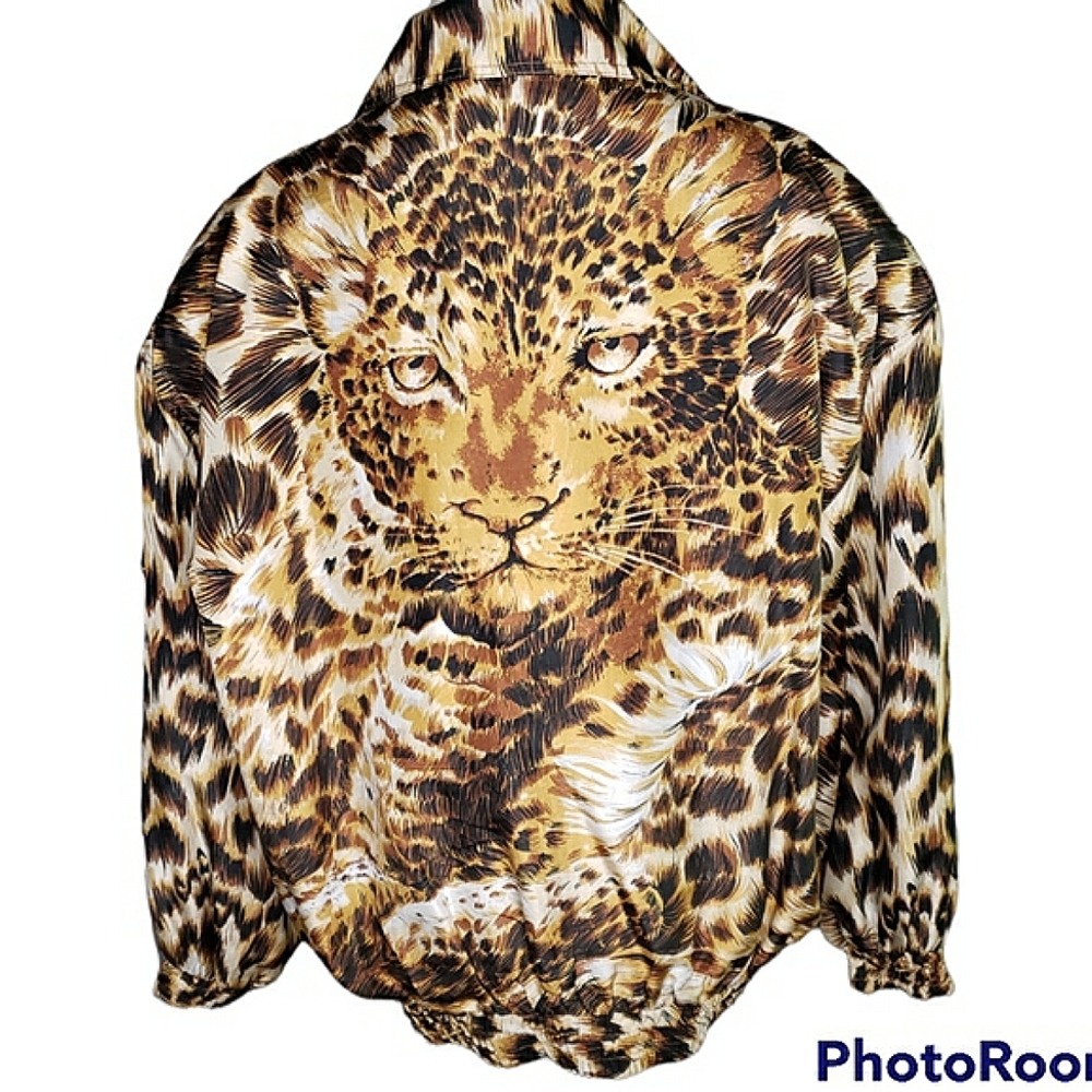Vintage Silk Bomber Leopard Print Portrait Disco Dallas MobWife Y2K Golden Girl